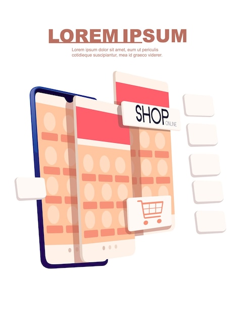 Vektor werbebanner-flyer-design mit jungen paaren und moderner shop-app des online-shops auf flacher vektorillustration des smartphones auf weißem hintergrund