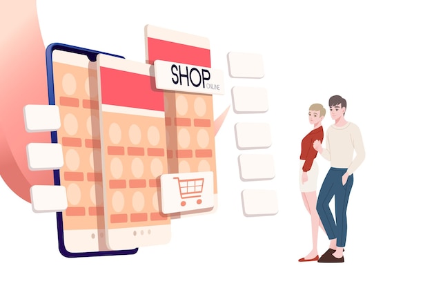 Werbebanner-flyer-design mit jungen paaren und moderner shop-app des online-shops auf flacher vektorillustration des smartphones auf weißem hintergrund
