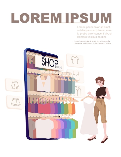 Werbebanner-flyer-designfrau wählt kleidung aus, um moderne shop-app des online-kleidungsgeschäfts auf flacher vektorillustration des smartphones auf weißem hintergrund zu kaufen