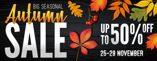 Werbebanner über Autumn Sale am Ende der Saison mit hellen Herbstblättern.