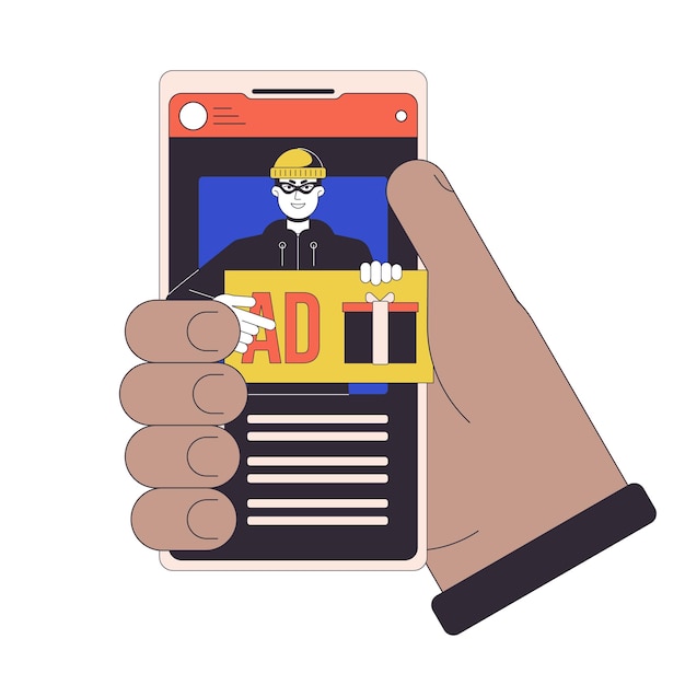 Werbebetrug auf Smartphone-Flat-Line-Konzept-Vektor-Spot-Illustration Dieb stiehlt Daten Klicken Sie auf Anzeige 2D-Cartoon-Umriss Hand auf Weiß für Web-UI-Design Bearbeitbares, isoliertes Heldenbild in Farbe