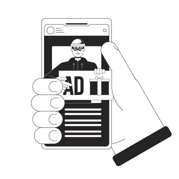 Werbebetrug auf Smartphones bw Konzept Vektor Spot-Illustration Dieb Datendiebstahl Klicken Sie auf Anzeige 2D-Cartoon flache Linie monochromatische Hand für Web-UI-Design bearbeitbar isolierter Umriss Held Bild