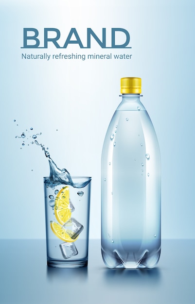 Werbeillustration von flasche und glas wasser mit eis