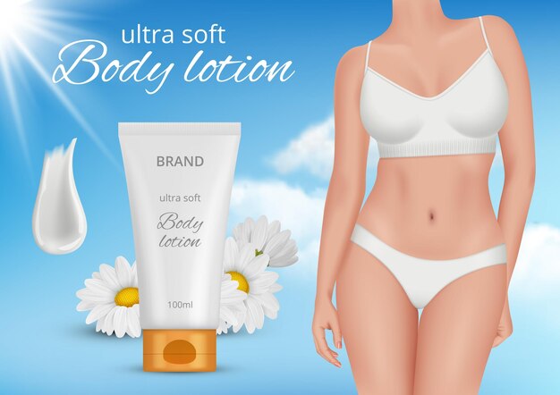 Werbung für Hautcreme Plakat mit Frauenkörper in modischem Bikini und BH Kosmetiktube mit Creme dezente Vektorvorlage mit Platz für Text Illustration eines Cremekosmetikbehälters für die Haut