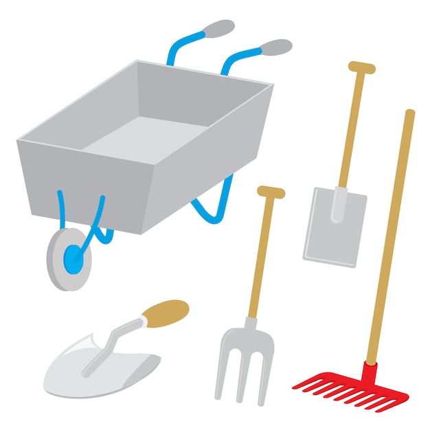 Werkzeug-garten-schubkarre-spaten-rake fork hoe trowel vector