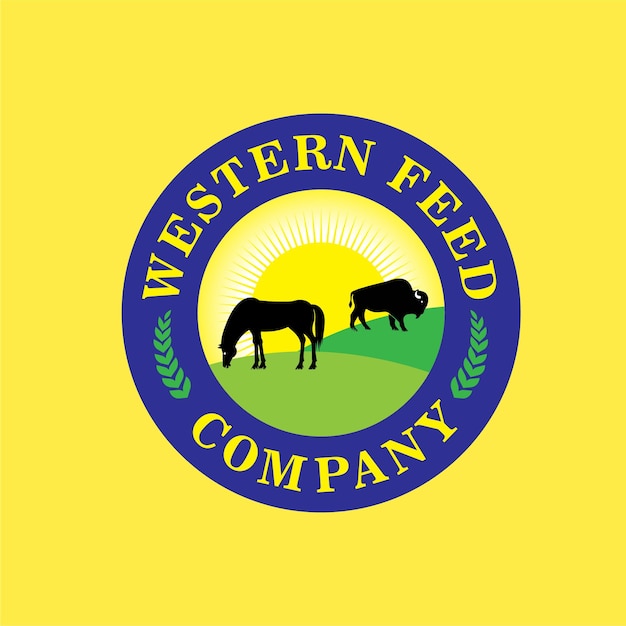 Western feed company logo-einheit mit pferd und büffel.