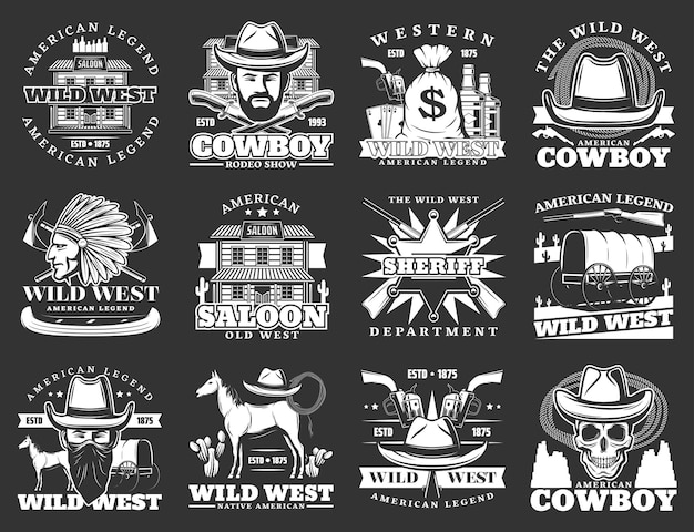 Vektor western saloon cowboy wilder westen isolierte symbole