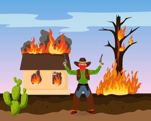 Westliche räuber-schusswaffe, haus auf feuerangriff durchsuchen flache vektorillustration. amerikanischer wildwestkaktus, sheriff-jagdbandit.