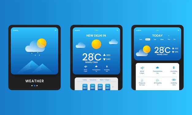 Wetter mobile app ui kit oder social media post set auf blauem hintergrund