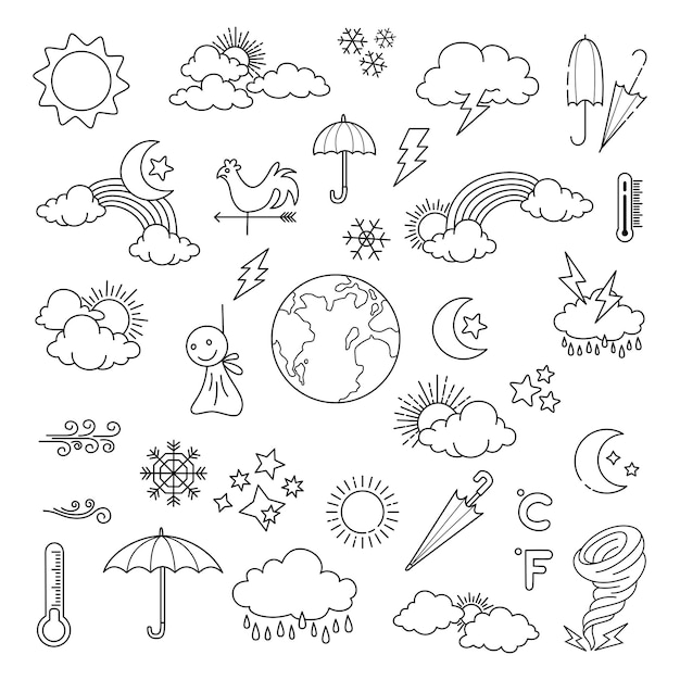 Wettergekritzel-Vektorsatzillustration mit Hand zeichnen Linie Kunstart-Vektorsternsonne