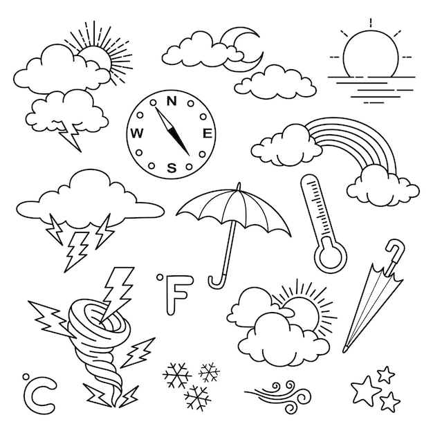 Wettergekritzel-Vektorsatzillustration mit Hand zeichnen Linie Kunstart-Vektorsternsonne