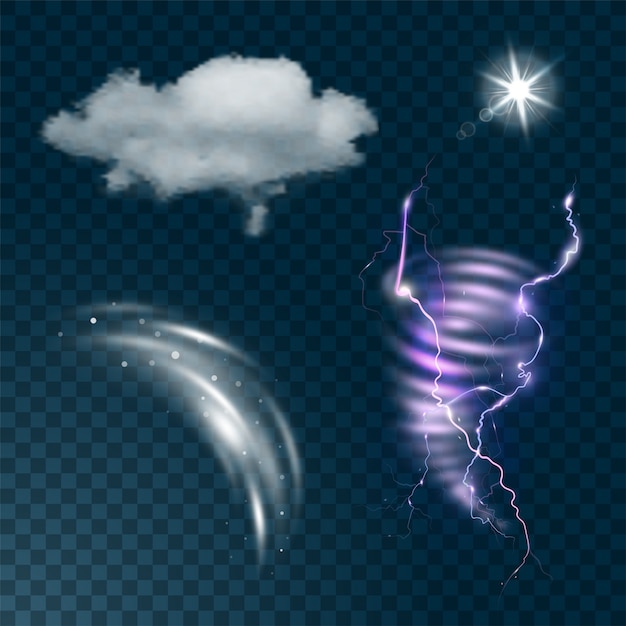 Wetterrealistischer satz lokalisiert auf dunkler transparenter hintergrundillustration. realistische wolke, sonneneruption, wind und blitz.