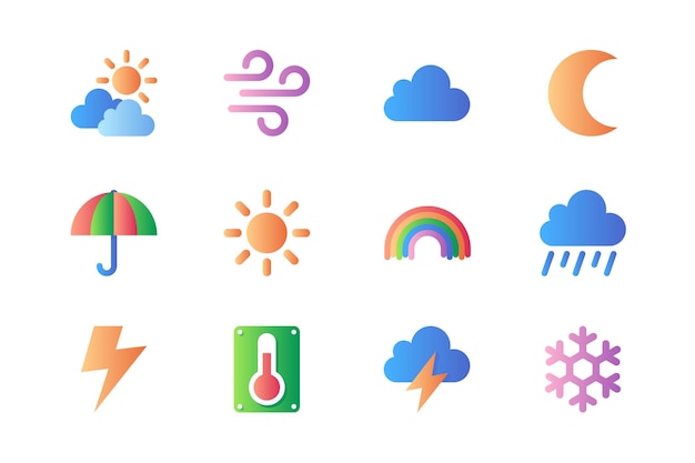 Wettersymbole in flachem farbdesign packung mit wolke, sonne, wind, halbmond, regenschirm, sonniger tag, regenbogen, regen, blitz, temperatur und andere vektorpiktogramme für websites und mobile apps