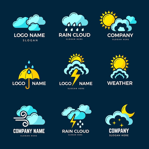 Vektor wettersymbole sonne, wolken, regenbogen, blitz, regnerisch, symbole, aktueller vektor, stilisierte vorlagen der geschäftsidentität, illustration der prognose-logo-app oder eines unternehmens