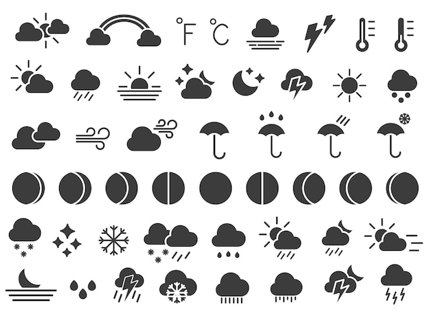 Wettervorhersage satz von dunklen hohl-wettervorhersages-symbolen wettervektor-illustration