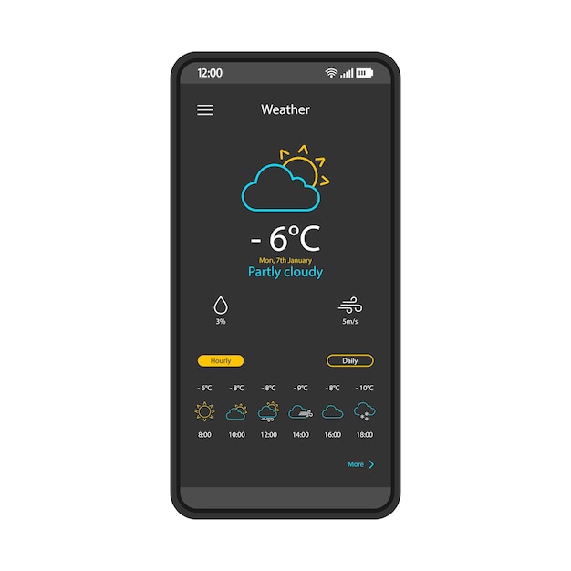 Wettervorhersage Smartphone-App-Schnittstelle Vektorvorlage Mobile Anwendungsseite schwarzes Design-Layout Wetterzustands-Widget-Bildschirm Flache Benutzeroberfläche für die Anwendung Telefonanzeige