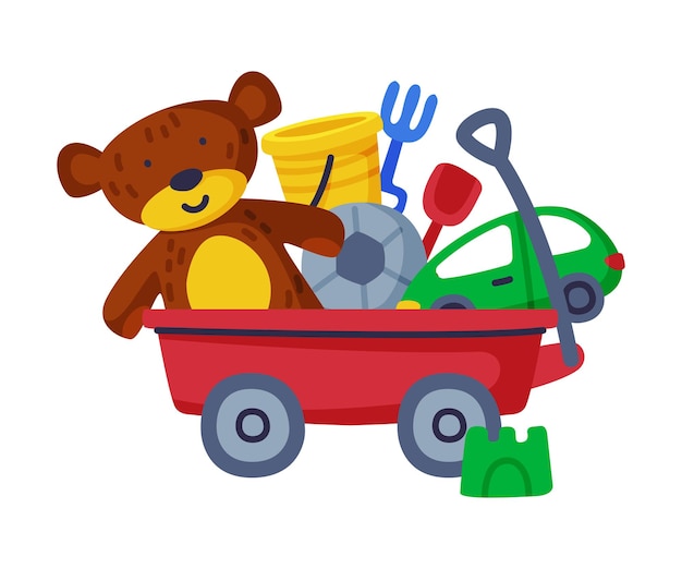 Wheeled box of baby toys bucket car teddy bear cute objects for kids entwicklung und unterhaltung zeichentrickfilm vektorillustration auf weißem hintergrund