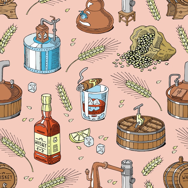 Whiskyalkohol-getränkebrand in glas und getränk scotch oder bourbon in flaschenillustrationssatz des nahtlosen musterhintergrunds der destillation