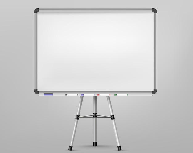 Whiteboard für markierungen auf stativ. leere projektionsfläche, präsentationstafel, leere weiße tafel für die konferenz. office board hintergrundrahmen. vektor