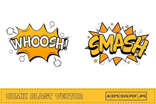 Vektor whoosh-comic platzt in weißen, orangen und gelben farben. zerschmettern sie die comic-explosion mit weißer und gelber farbe. comic-burst-explosion. whoosh platzte mit blase für cartoon-reden. komischer explosionsvektor.