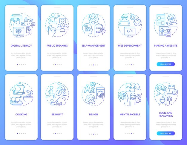 Wichtige lebensfähigkeiten blauer farbverlauf beim onboarding mobiler app-bildschirmsatz