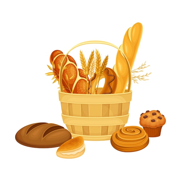 Wickerkurv voller Brot und süßes Gebäck Vektor Zusammensetzung
