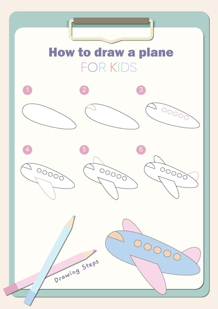 Wie man ein flugzeug zeichnet. einfache zeichenschritte für kindervektorvorlage