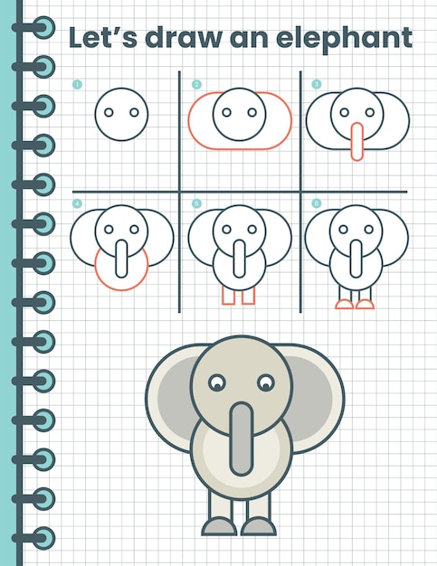 Wie man einen elefanten für kinder zeichnet. einfache zeichenschritte für kinder. tier-vektor-illustration.
