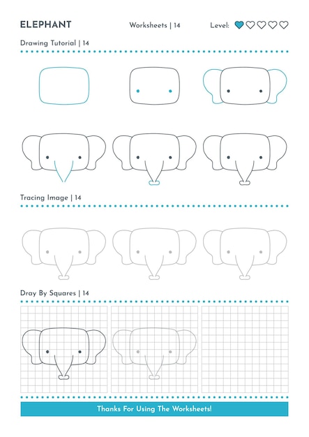 Vektor wie man einen zeichentrickfigur von doodle animal elephant schritt für schritt zeichnet