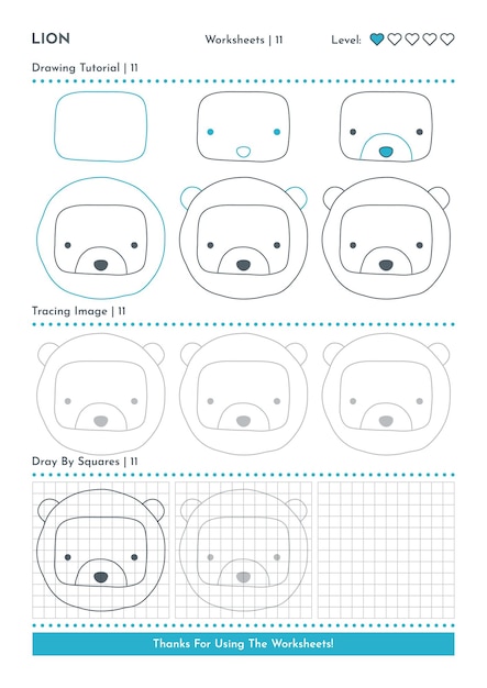 Vektor wie man einen zeichentrickfigur von doodle animal lion schritt für schritt zeichnet tutorial