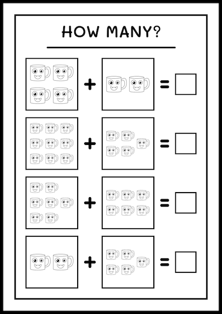 Wie viele becher, spiel für kinder. vektorillustration, druckbares arbeitsblatt