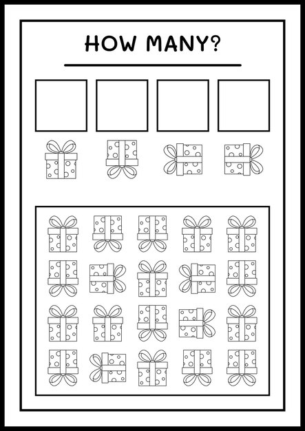 Wie viele geschenkboxen, spiel für kinder. vektorillustration, druckbares arbeitsblatt