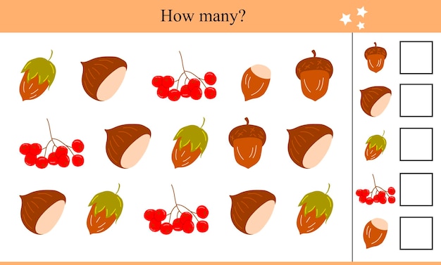 Wie viele kastanien, eicheln, vogelbeeren und haselnüsse? herbstliches lernspiel für kinder.