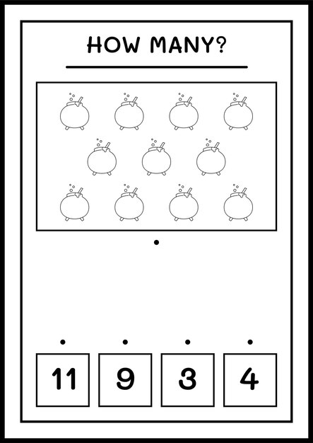 Wie viele kessel, spiel für kinder. vektorillustration, druckbares arbeitsblatt