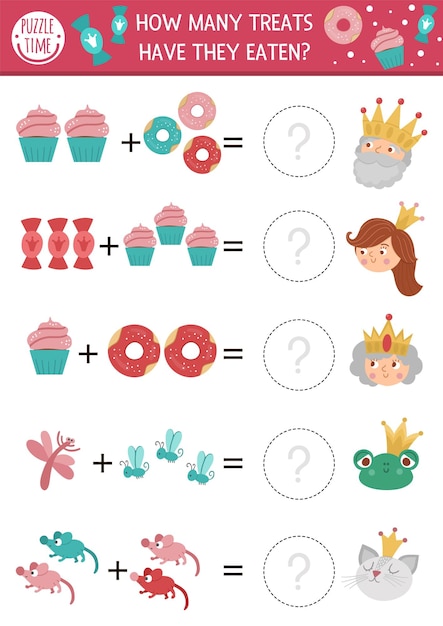 Wie viele Leckereien Spiel mit süßen Märchenfiguren Donuts Süßigkeiten Magisches Königreich Mathe-Additionsaktivität für Vorschulkinder Druckbares einfaches Zählarbeitsblatt für KidsxA