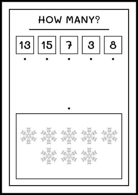 Wie viele schneeflocken, spiel für kinder. vektorillustration, druckbares arbeitsblatt