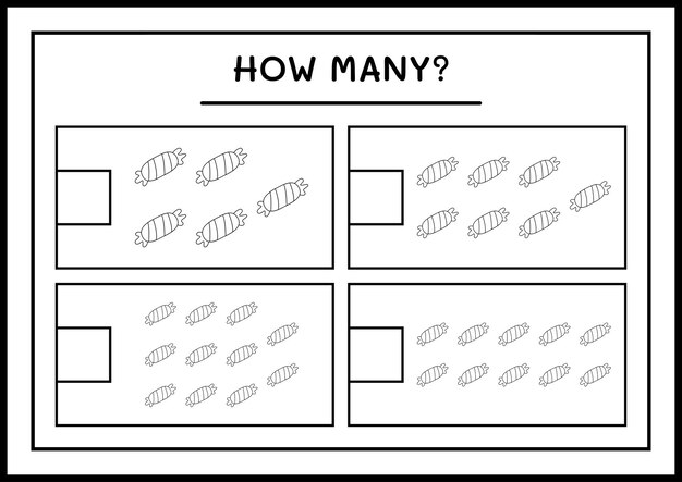 Wie viele süßigkeiten, spiel für kinder. vektorillustration, druckbares arbeitsblatt