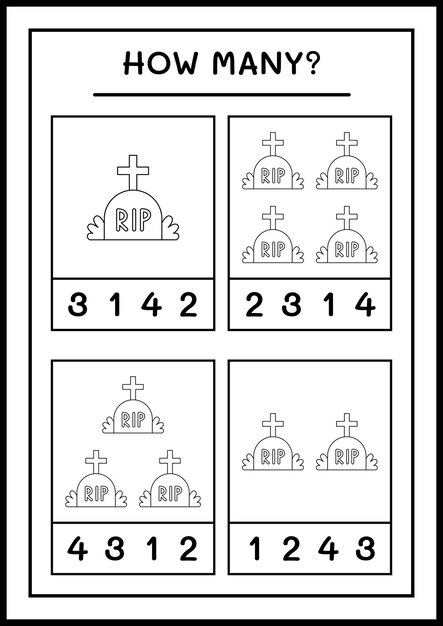 Wie viele tombstone, spiel für kinder. vektorillustration, druckbares arbeitsblatt