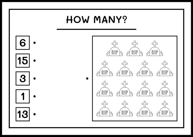 Wie viele tombstone, spiel für kinder. vektorillustration, druckbares arbeitsblatt