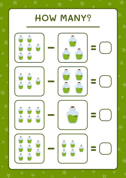 Wie viele trankflasche, spiel für kinder. vektorillustration, druckbares arbeitsblatt