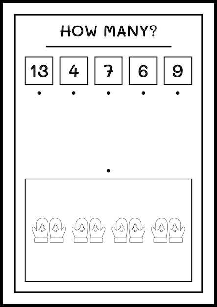 Wie viele winterhandschuhe, spiel für kinder. vektorillustration, druckbares arbeitsblatt