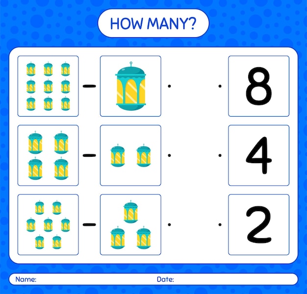 Wie viele zählspiele mit arabischer laterne. arbeitsblatt für kinder im vorschulalter