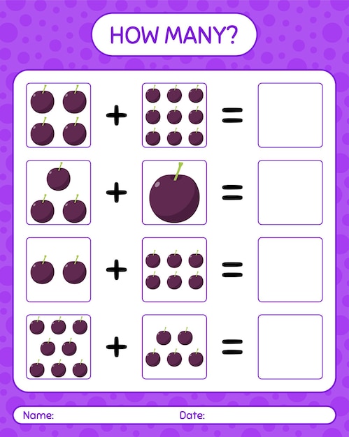 Wie viele zählspiele mit pflaumen. arbeitsblatt für kinder im vorschulalter, kinderaktivitätsblatt, druckbares arbeitsblatt