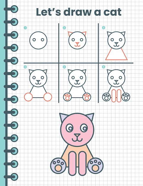 Wie zeichnet man eine katze für kinder. einfache zeichenschritte für kinder. tier-vektor-illustration. flache tiere