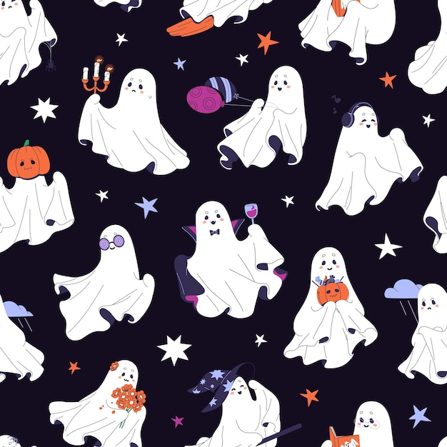 Wiederholbares Muster von süßen Baby-Geistern, gruselige Halloween-Charaktere, endloser Hintergrund von beängstigenden Geister, Schatten in lustigen Halloween-Kostümen von Vampir-Hexen, flache nahtlose Vektorillustration