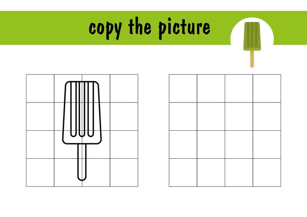 Wiederholen sie im minispiel für kinder auf papier die zeichnung von eis am stiel am stiel. kopieren sie das bild mit gitterlinien, einfaches kleinkindspiel mit einfachem spielniveau, zeichnen für kinder.