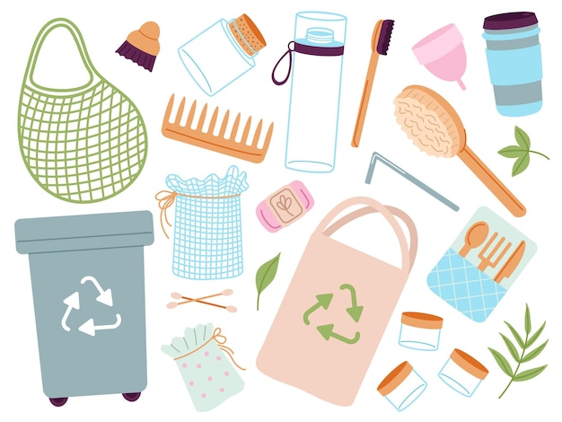 Wiederverwendbare Elemente Bambusbürstenbehälter und Einkaufstasche für Obst und Gemüse Recycling von Kunststoff-Zero-Waste- und Öko-Flaschen und packen Sie ein anständiges Vektorset