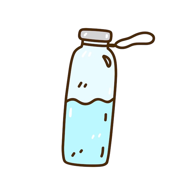 Wiederverwendbare Wasserflasche aus Glas isoliert auf weißem Hintergrund Zero-Waste-Ökologiekonzept Doodle-Stil