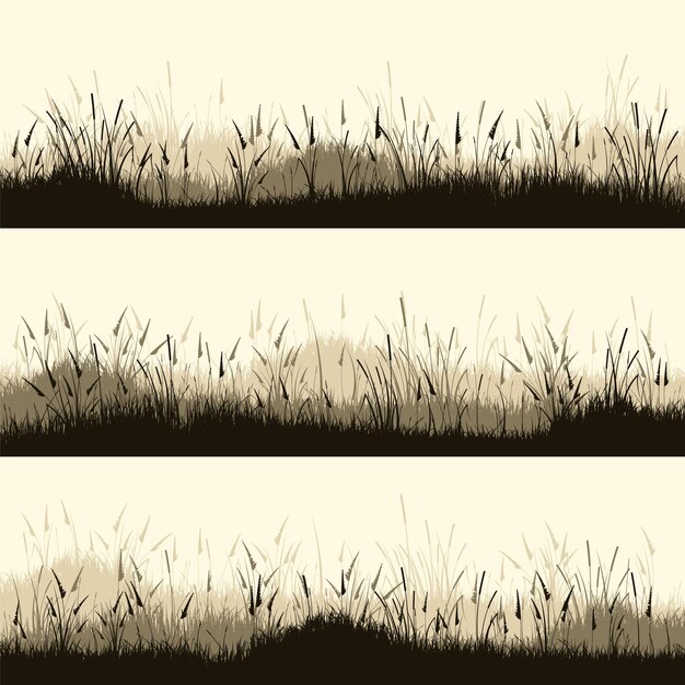 Vektor wiese-silhouetten mit graspflanzen auf einer ebene panoramabild im sommer rasenlandschaft mit verschiedenen kräutern