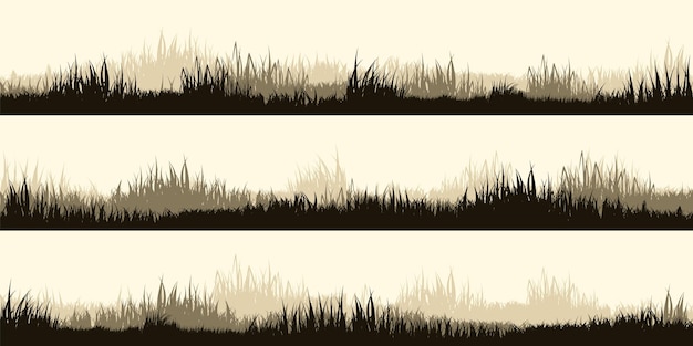 Vektor wiese-silhouetten mit graspflanzen auf einer ebene panoramabild im sommer rasenlandschaft mit verschiedenen kräutern